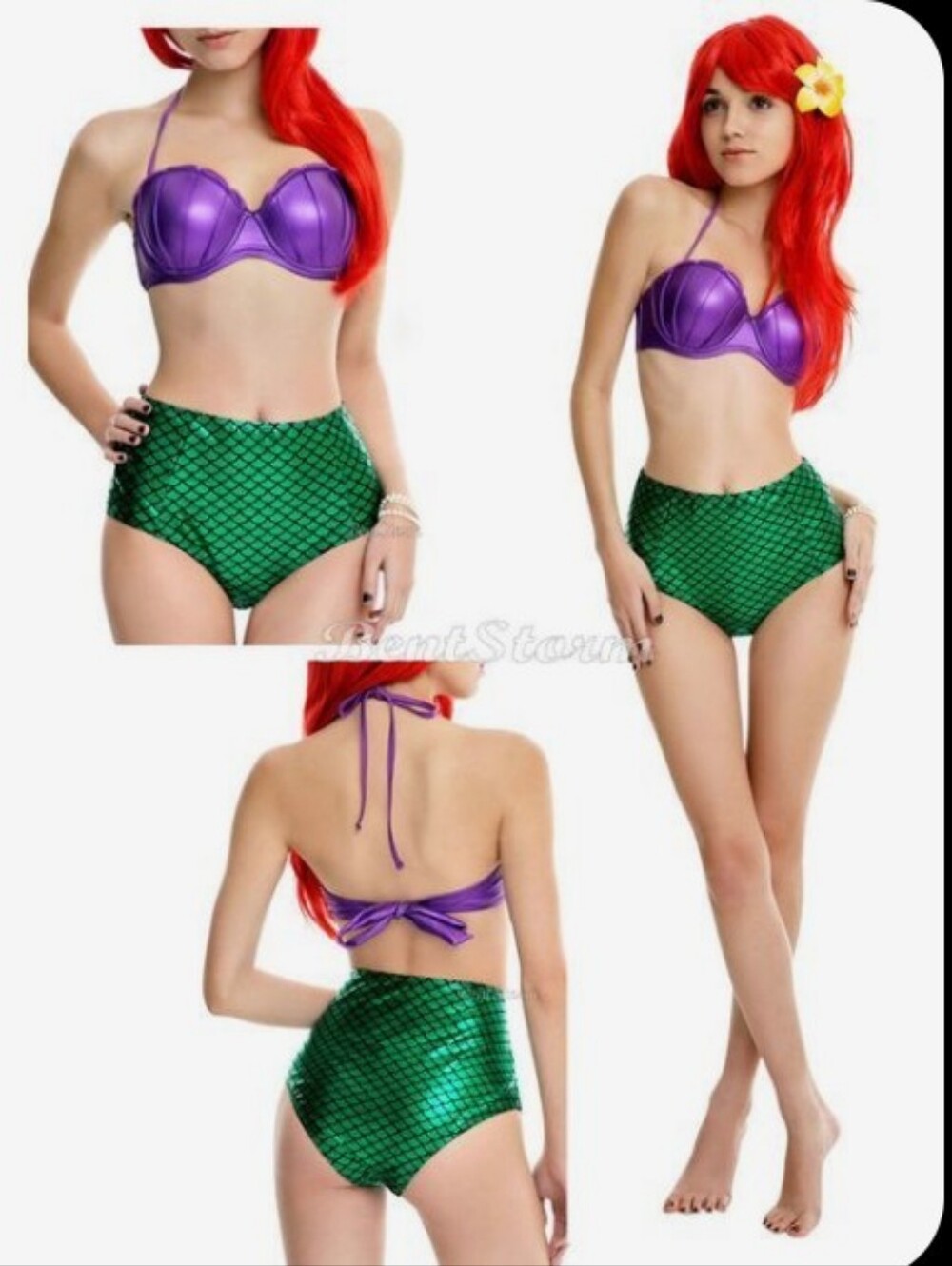 Purple Shell Bikini Top with Green High-Waist Mermaid Bottom